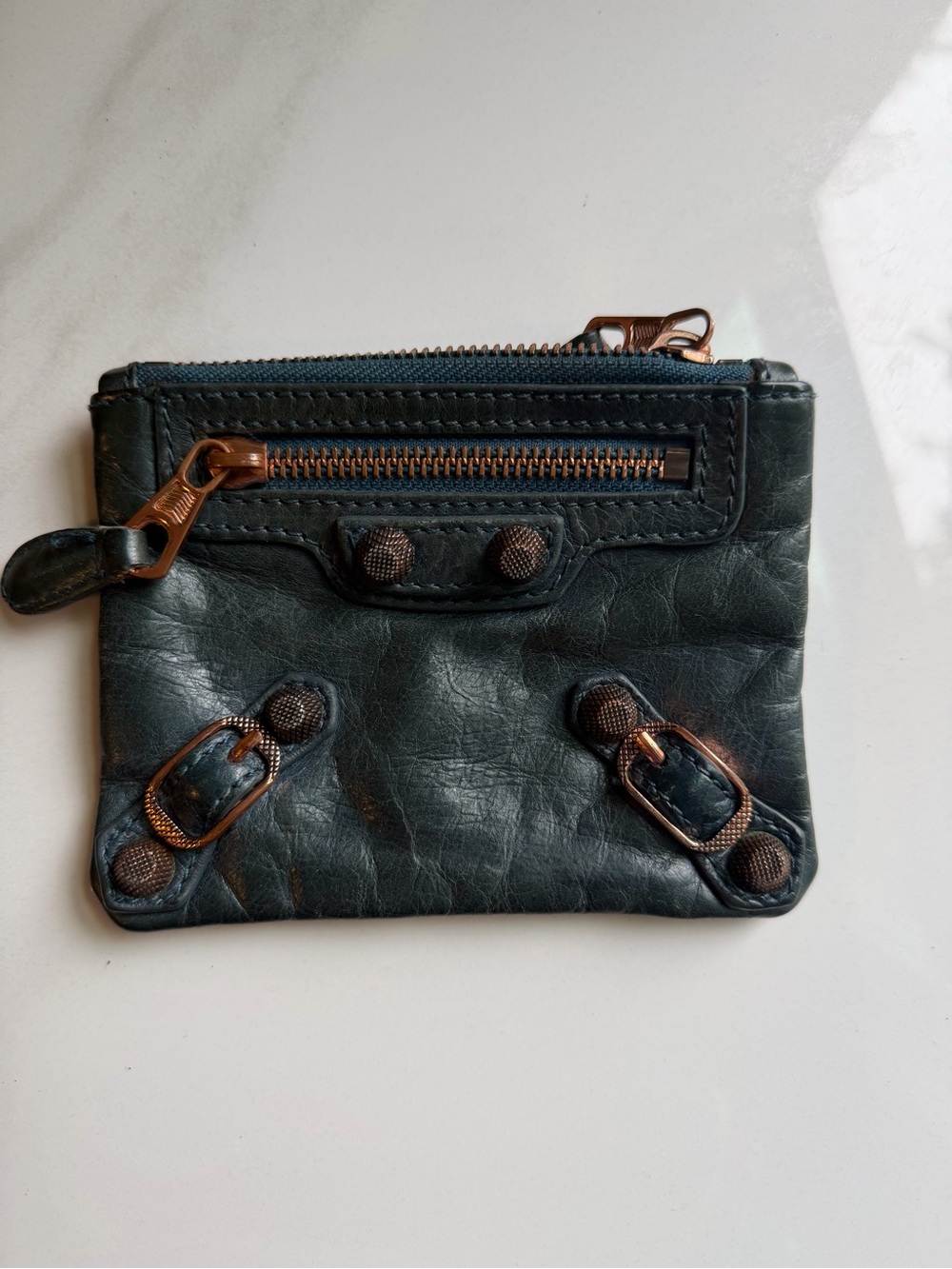 Balenciaga Zip Coin leather Pouch in Deep Teal with Giant Rose Gold Hardware